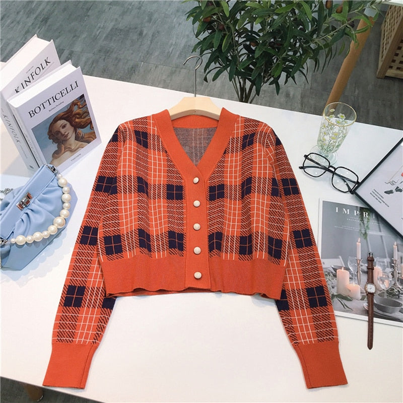 Vintage V-Neck Long Sleeve Women Plaid Sweater - GilloServ