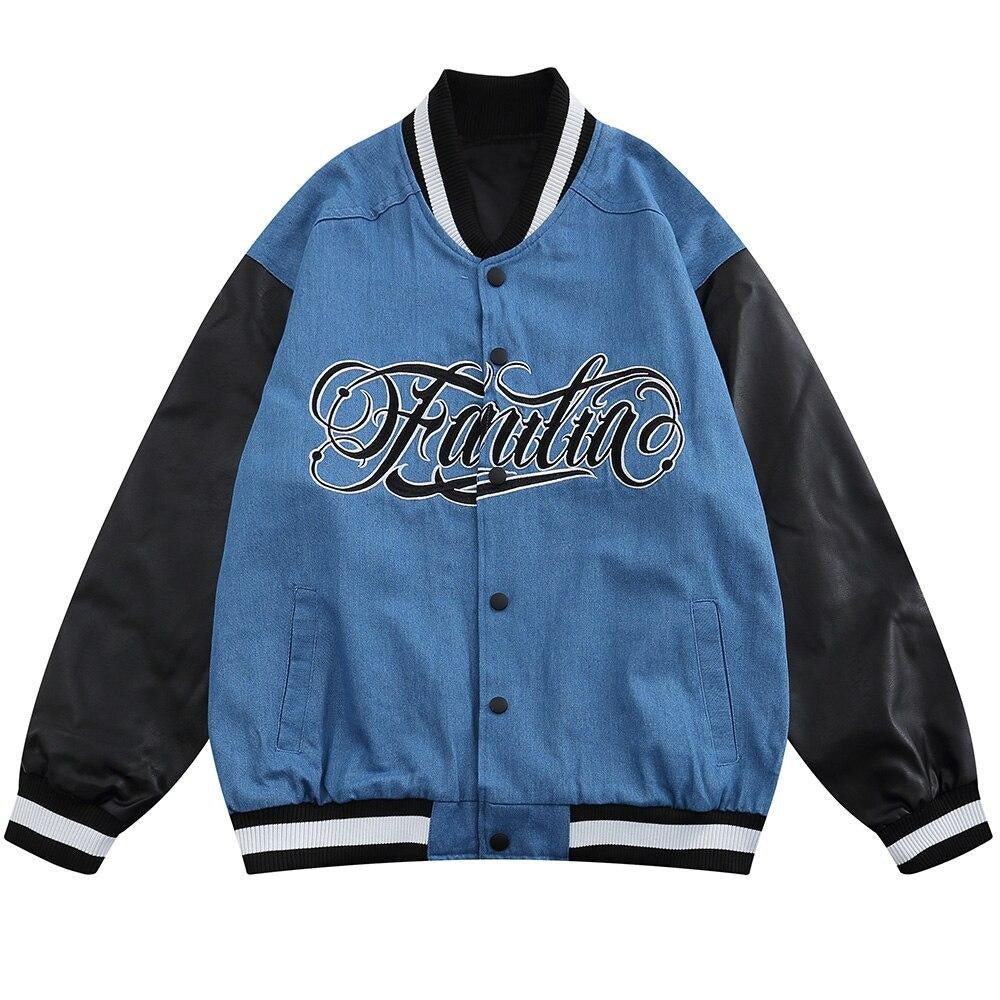 Jacket Men Denim Leather Patchwork Color Letter Embroidery - GilloServ