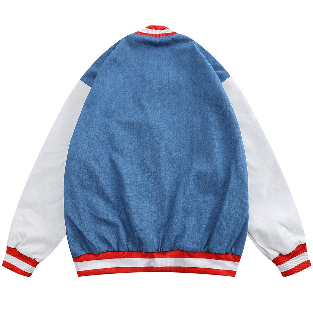 Jacket Men Denim Leather Patchwork Color Letter Embroidery - GilloServ