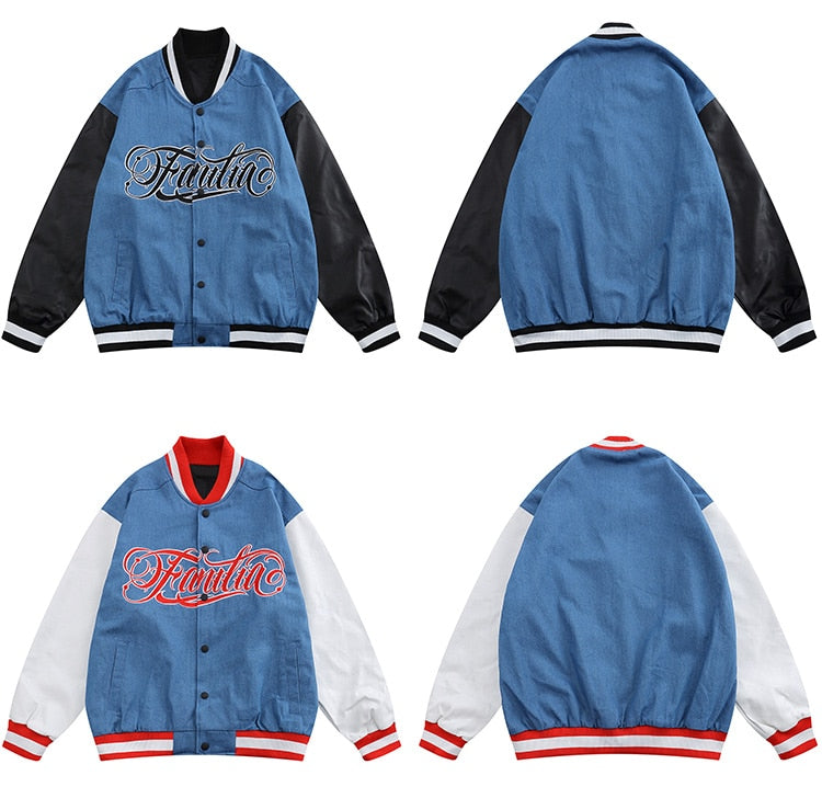 Jacket Men Denim Leather Patchwork Color Letter Embroidery - GilloServ