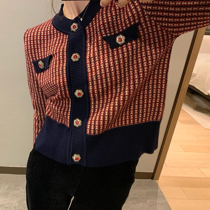 Red Plaid Cardigan Vintage Spring Women Short Sweater - GilloServ