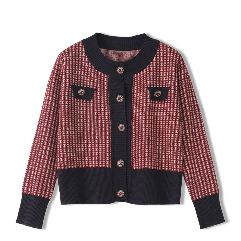 Red Plaid Cardigan Vintage Spring Women Short Sweater - GilloServ