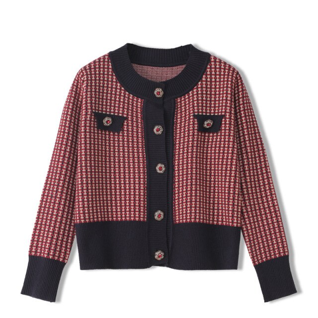 Red Plaid Cardigan Vintage Spring Women Short Sweater - GilloServ