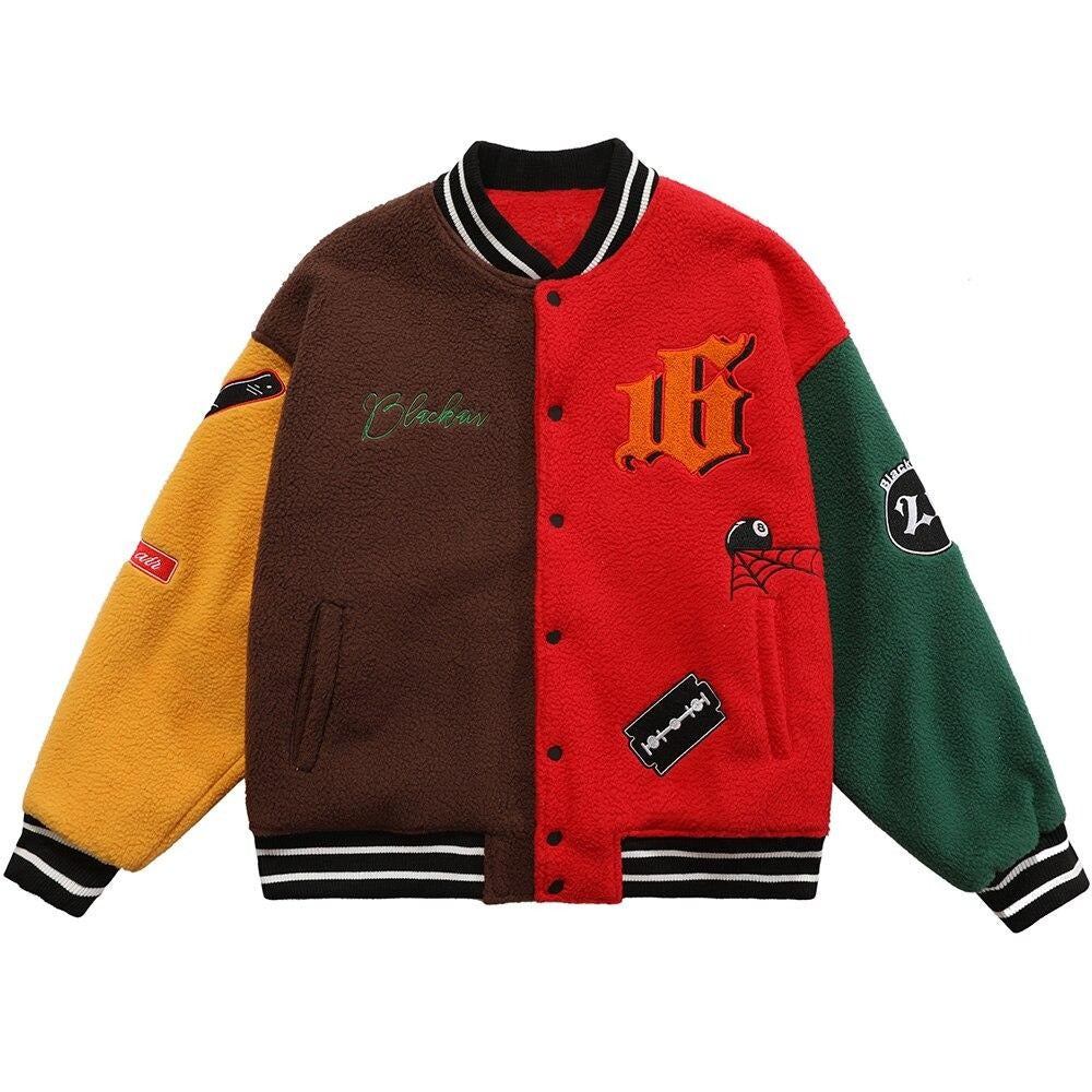 Winter Jacket Color Block Baseball Thick Patchwork Embroidery Streetwear - GilloServ