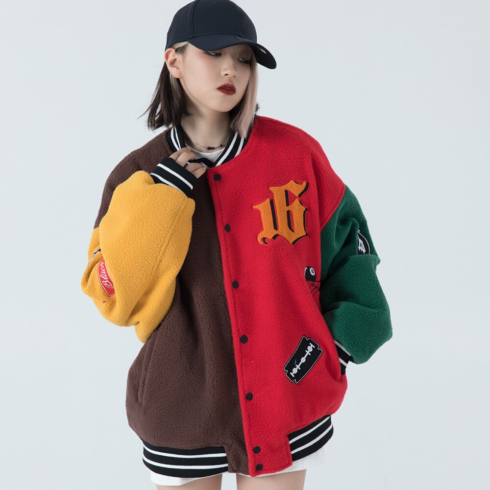 Winter Jacket Color Block Baseball Thick Patchwork Embroidery Streetwear - GilloServ