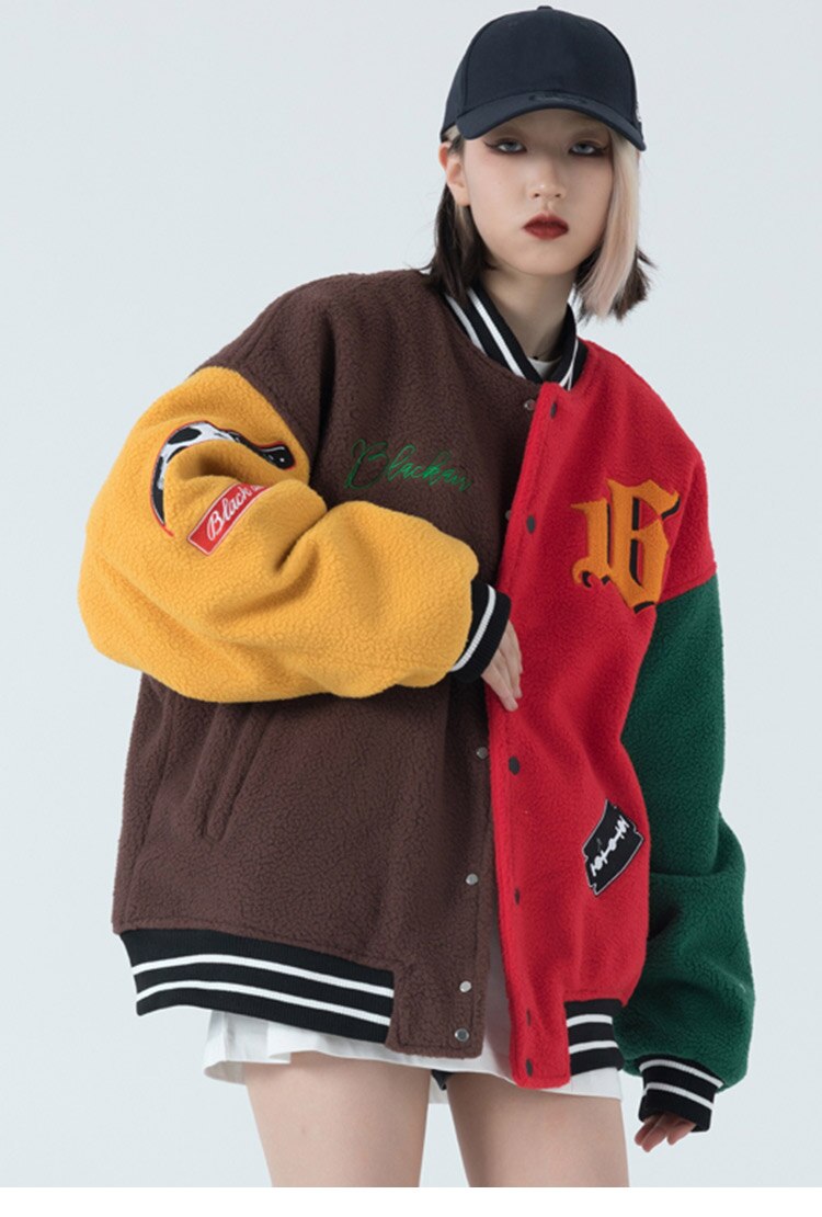 Winter Jacket Color Block Baseball Thick Patchwork Embroidery Streetwear - GilloServ