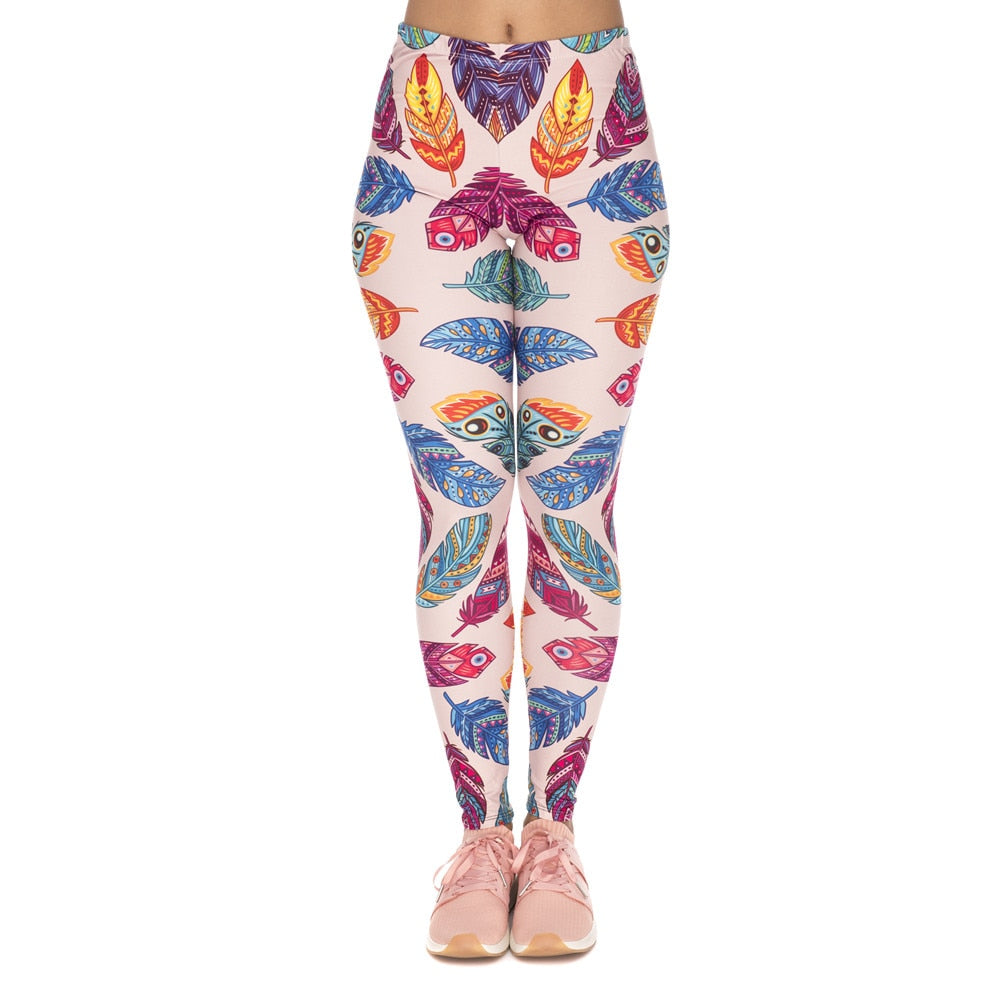 Women Legging Feathers Printing Blue - GilloServ