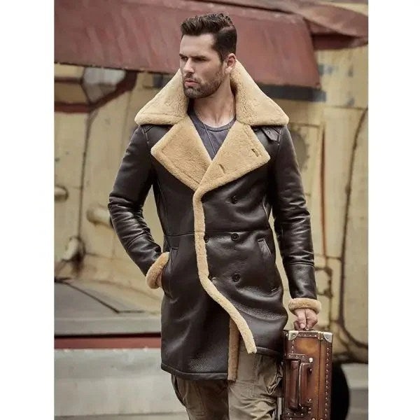 B3 Flight Sheepskin Aviator Long Mens Winter Coats Fur Bomber Leather Jacket-2