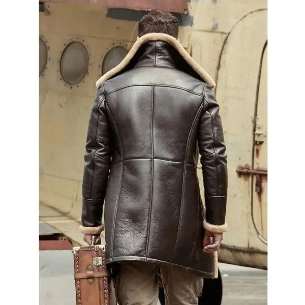 B3 Flight Sheepskin Aviator Long Mens Winter Coats Fur Bomber Leather Jacket-3